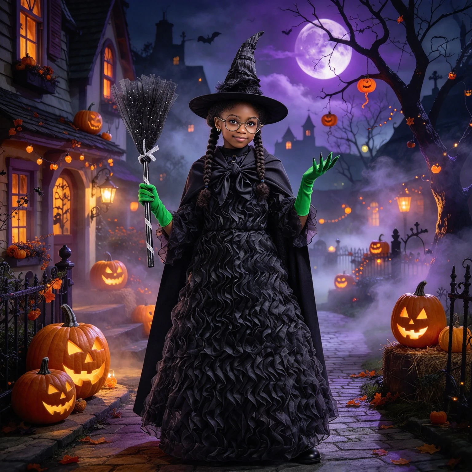 Fancy Girls Halloween Cosplay Wicked Witch Costume Black Ruffled Tulle Long Dress Carnival Party Masquerade Children's Costume