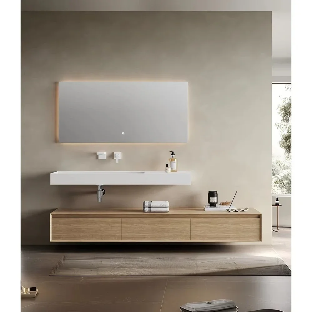 Modern One-Piece Stone Basin Smart Mirror LED Wall-Mounted Hotel Bathroom Vanity Cabinet with Customized Size