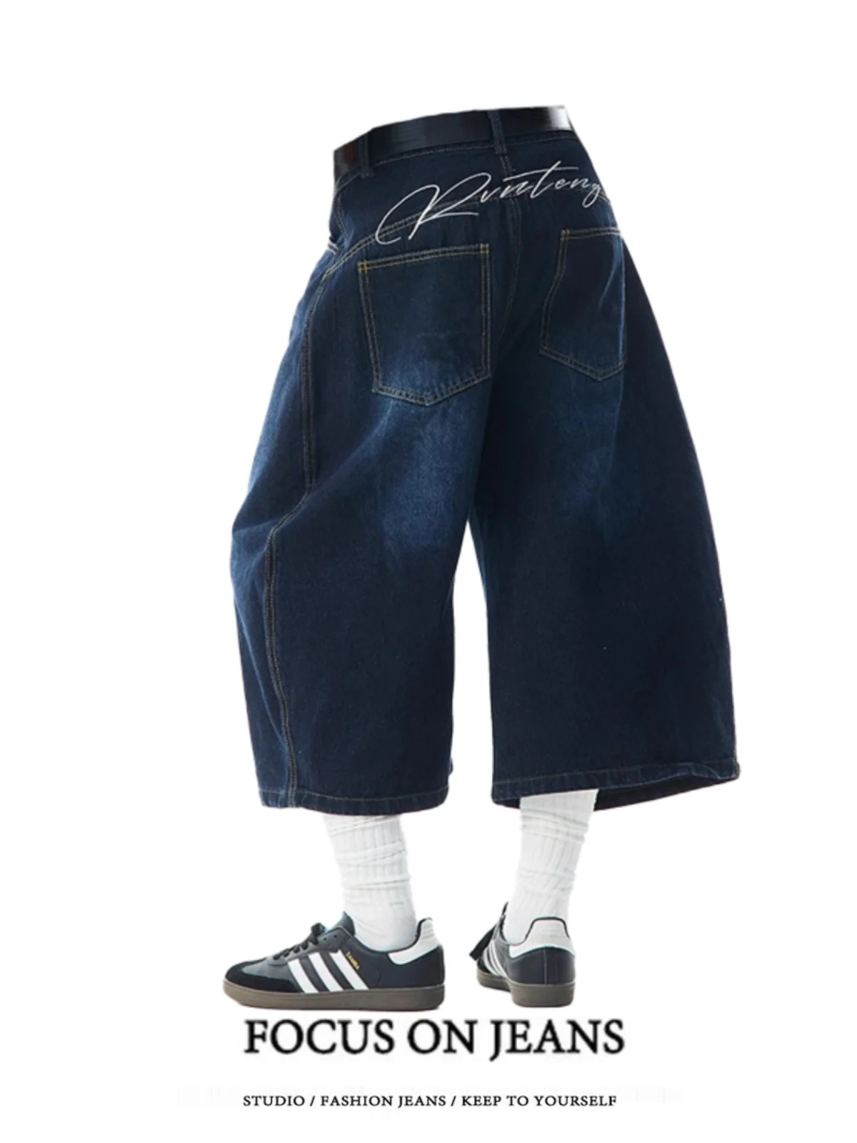 

Retro American Embroidered Shorts Women's Loose Wide Leg Seven-Foot Jeans Summer Casual High Waist Zipper Closure Denim Shorts