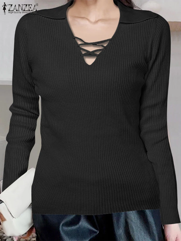 

Fashion Long Sleeve Lace-Up V Neck Jumpers ZANZEA Autumn 2024 Casual Pullover Knitted Tops Solid Ribbed Commute Women Sweaters