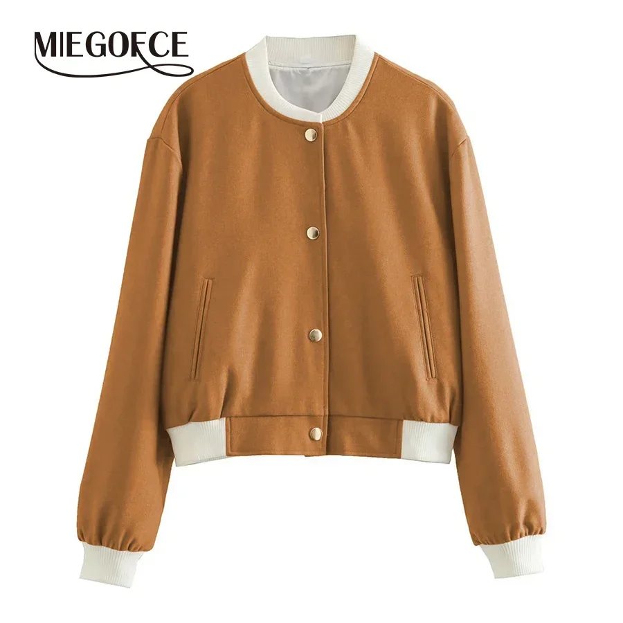 MIEGOFCE Women Bomber Jacket Khaki Short Outwear Long Sleeve Vintage Vested Female Casual Loose Pocket Stitching Coat JN53JJ9670