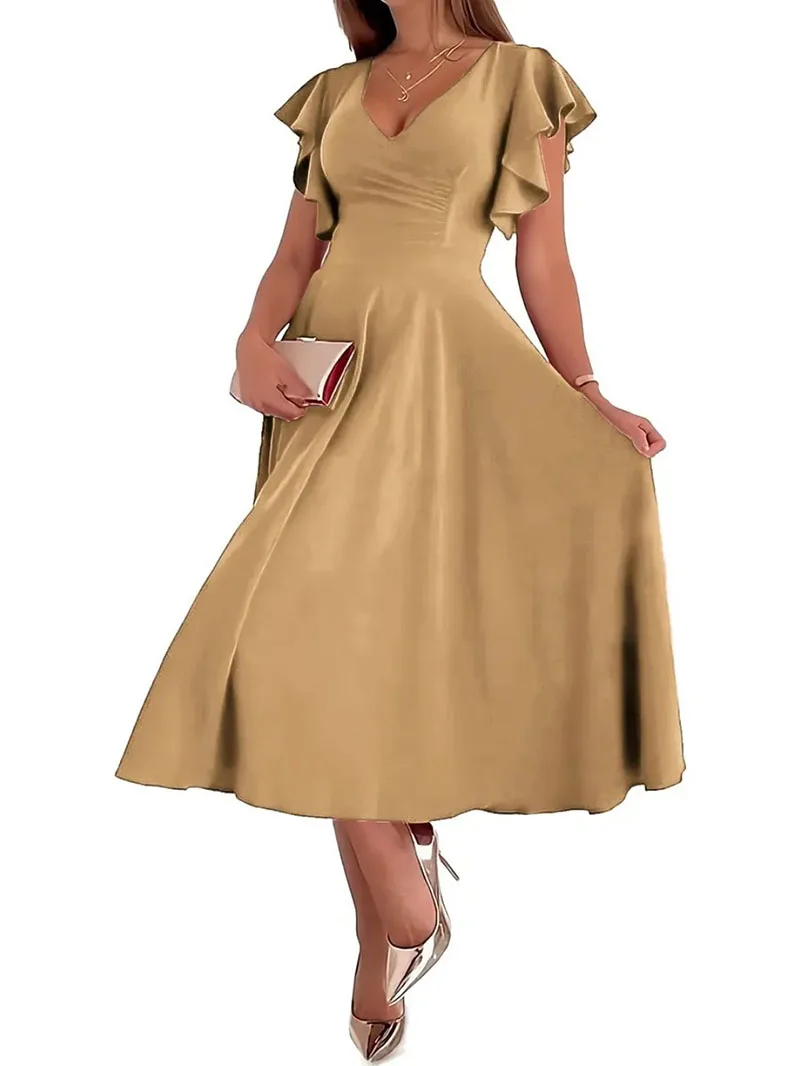 Women Matte Satin Midi Formal Dress Deep V Neck Ruffle Short Sleeve A Line Party Cocktail Dress Wedding Guest Evening Gown Plus
