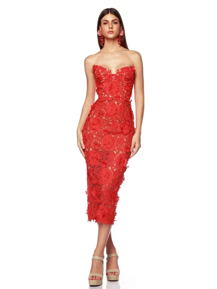 

JONN Sexy Strapless Embroidery Flower Lace Midi Dress Women Red Backless Hollow Out Floral Bodycon Dress Celebrity Party Evening