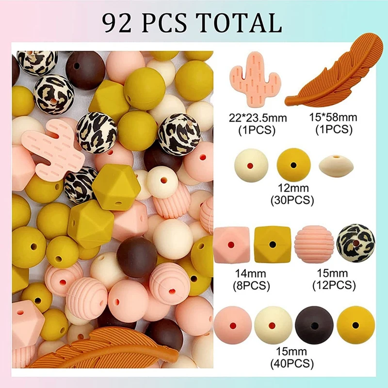 Kit de perles rondes en silicone, perles en caoutchouc, étoile polygonale, perles de bracelet, kit exécutif, 92 pièces