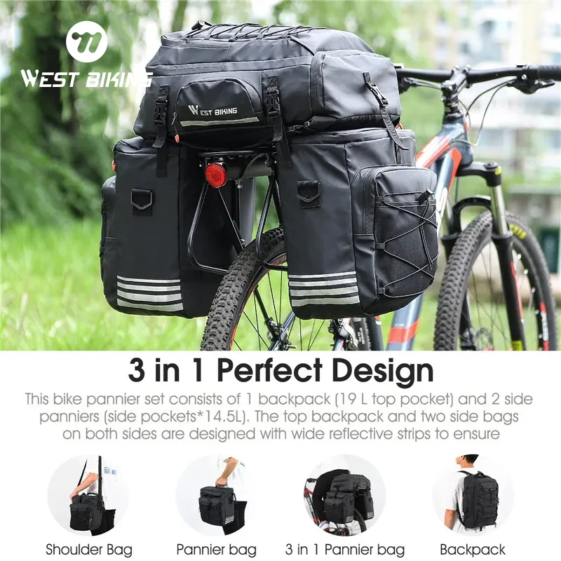 

WEST BIKING 48L Bicycle Rear Seat Trunk Bag 3 in 1 Multifunction Cycling Luggage Pannier MTB Waterproof Double Side Bike Pannier