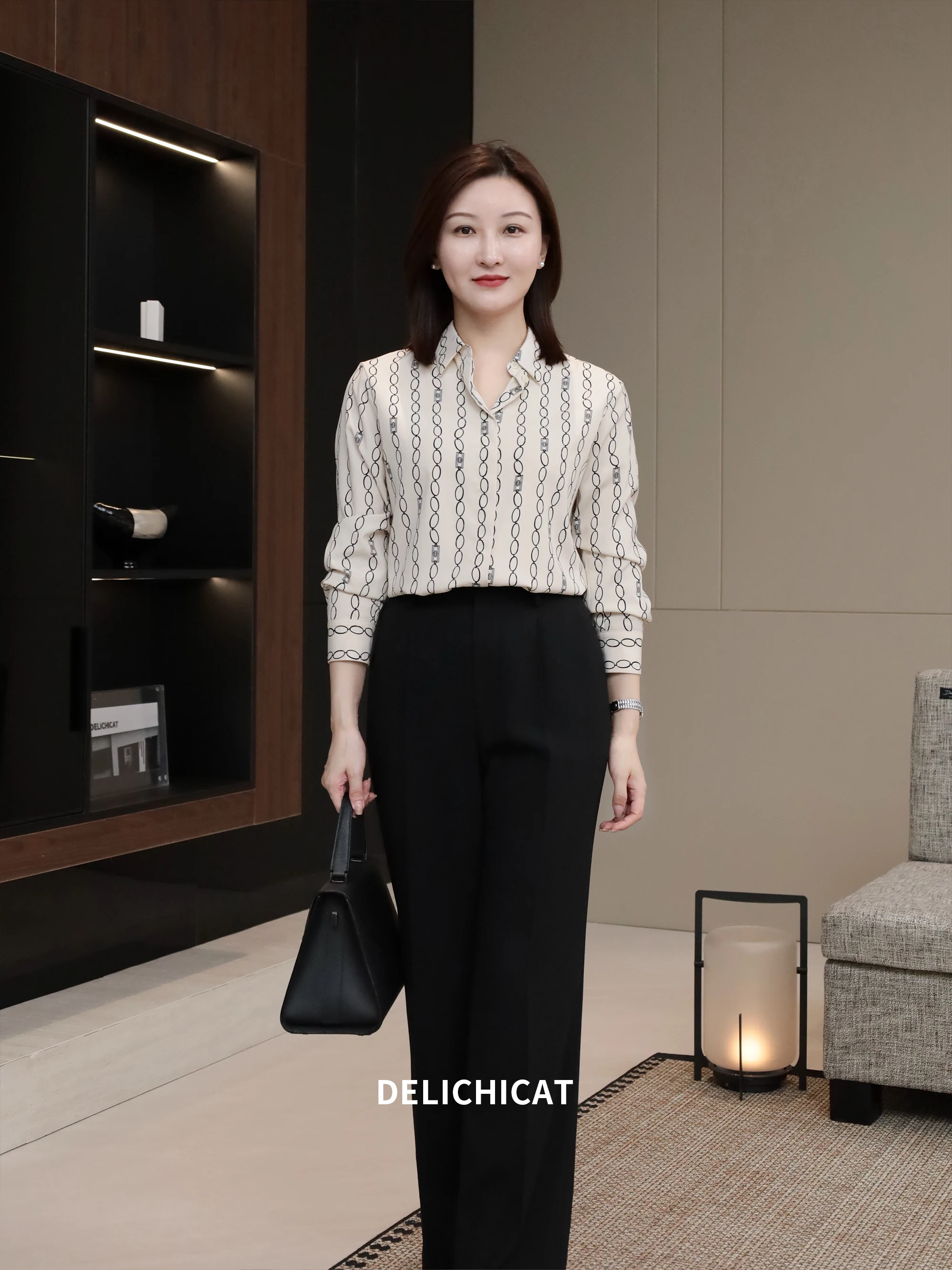 

Женская офисная рубашка Ele Commute с принтом, защита от морщин, прямой крой, из полиэстера, с длинным рукавом, черно-белая