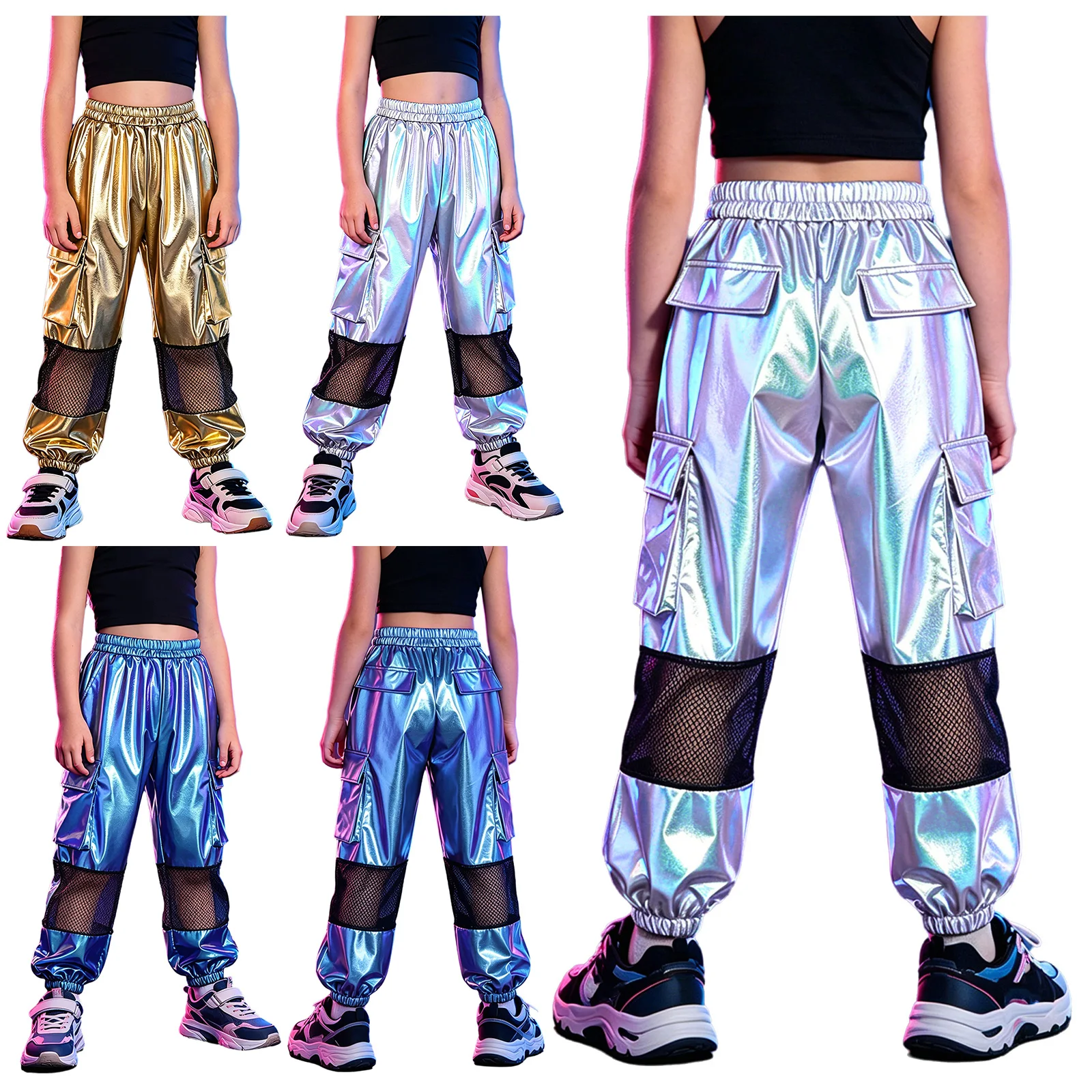 Kids Girls Metallic Cargo Pants Hollow Out Mesh Joggers Athletic Trousers with Pockets for School Show Hip Hop Jazz Street Dance