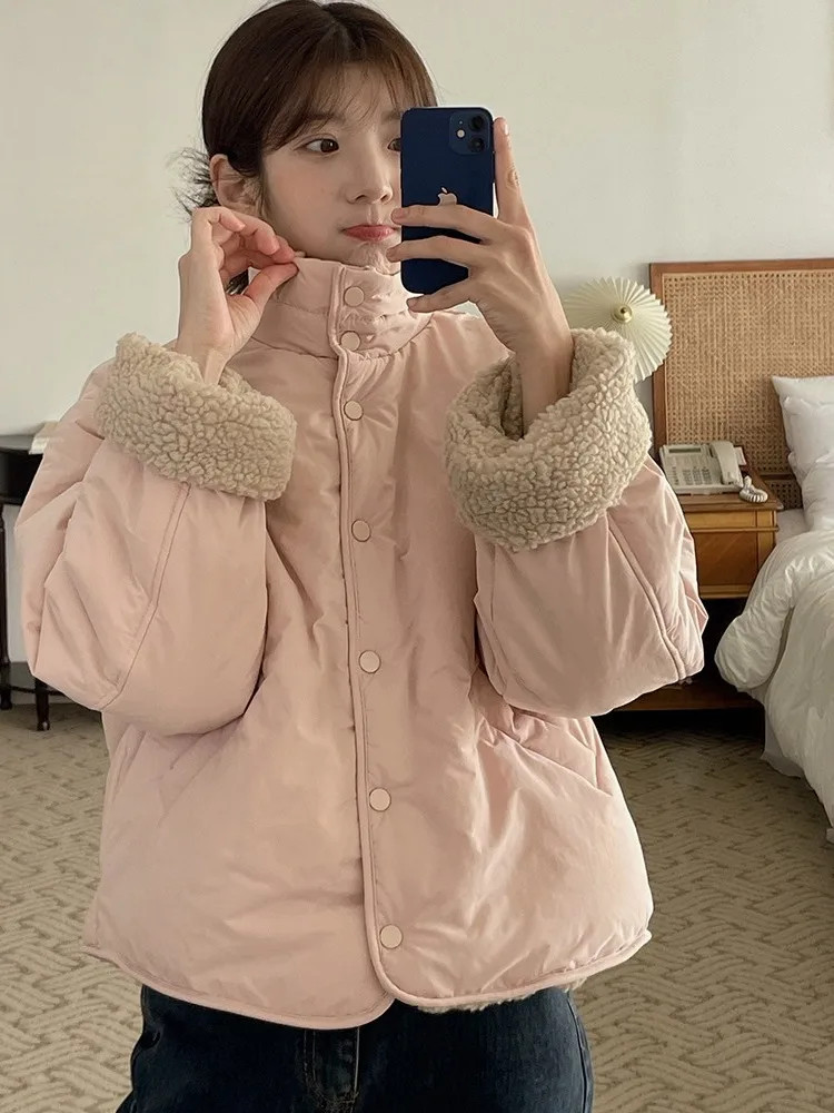 

Winter Thiened Single-Button Lamb Fur Jaet Women's Small Size Pink Cute Cotton Coat Warmth Outerwear Fem Clothes
