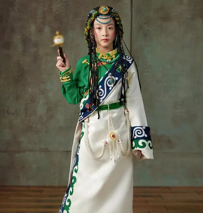 

Chinese Tibetan Girls' Clothing Performance Minority Tibetan Robe Green