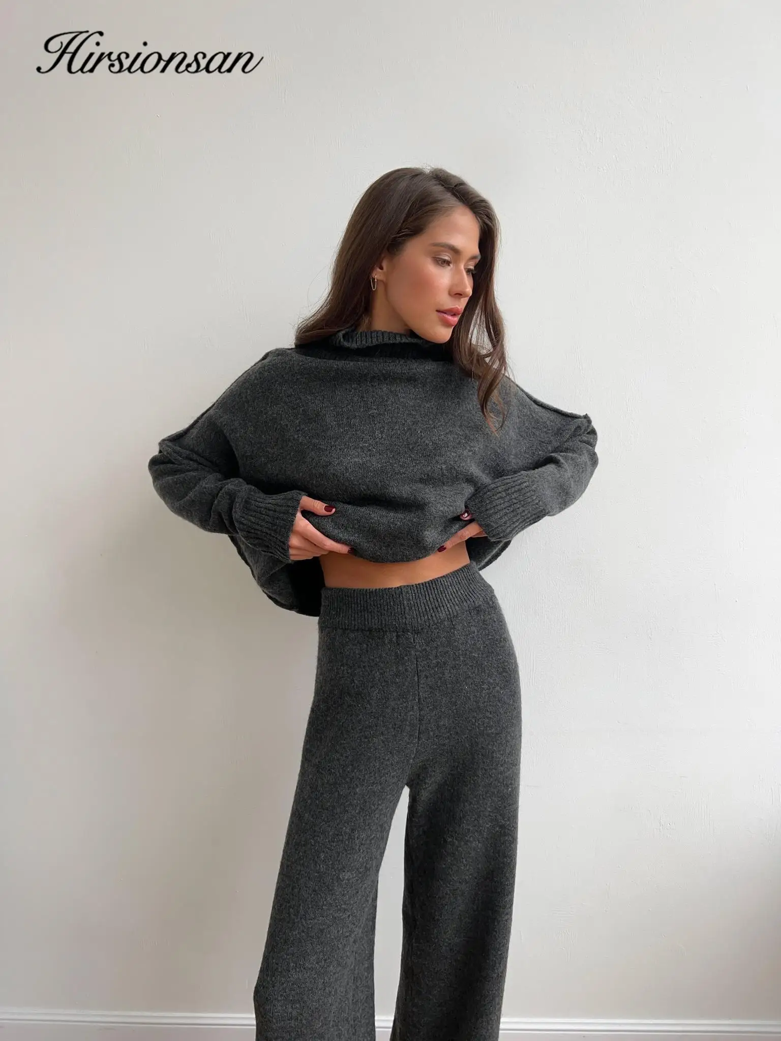 Hirsionsan Loose Soft Elegant Women Suits  2 Pieces Female Set Turtle Neck Sweater & Wide Leg Pants Soft Knitted Track Suit 2024