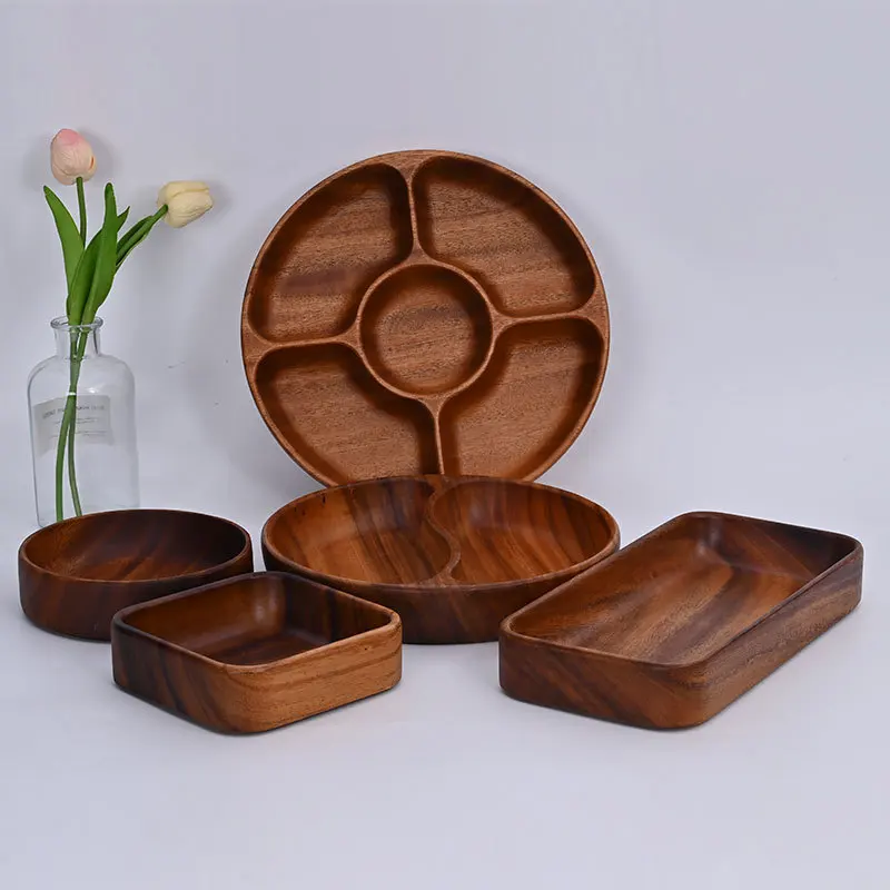 Factory round Wooden Compartment Tray Universal Fruit Gossip Wooden Tray Simple Walnut Wooden Tray Sub Quantity Discounts