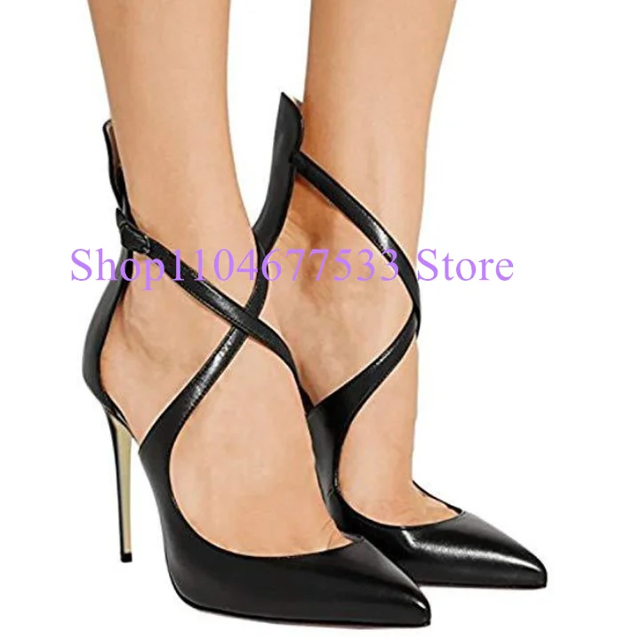 

Черные кожаные женские туфли-лодочки с перекрестным ремешком, пикантные женские туфли-лодочки на шпильке с острым носком, модельные туфли большого размера