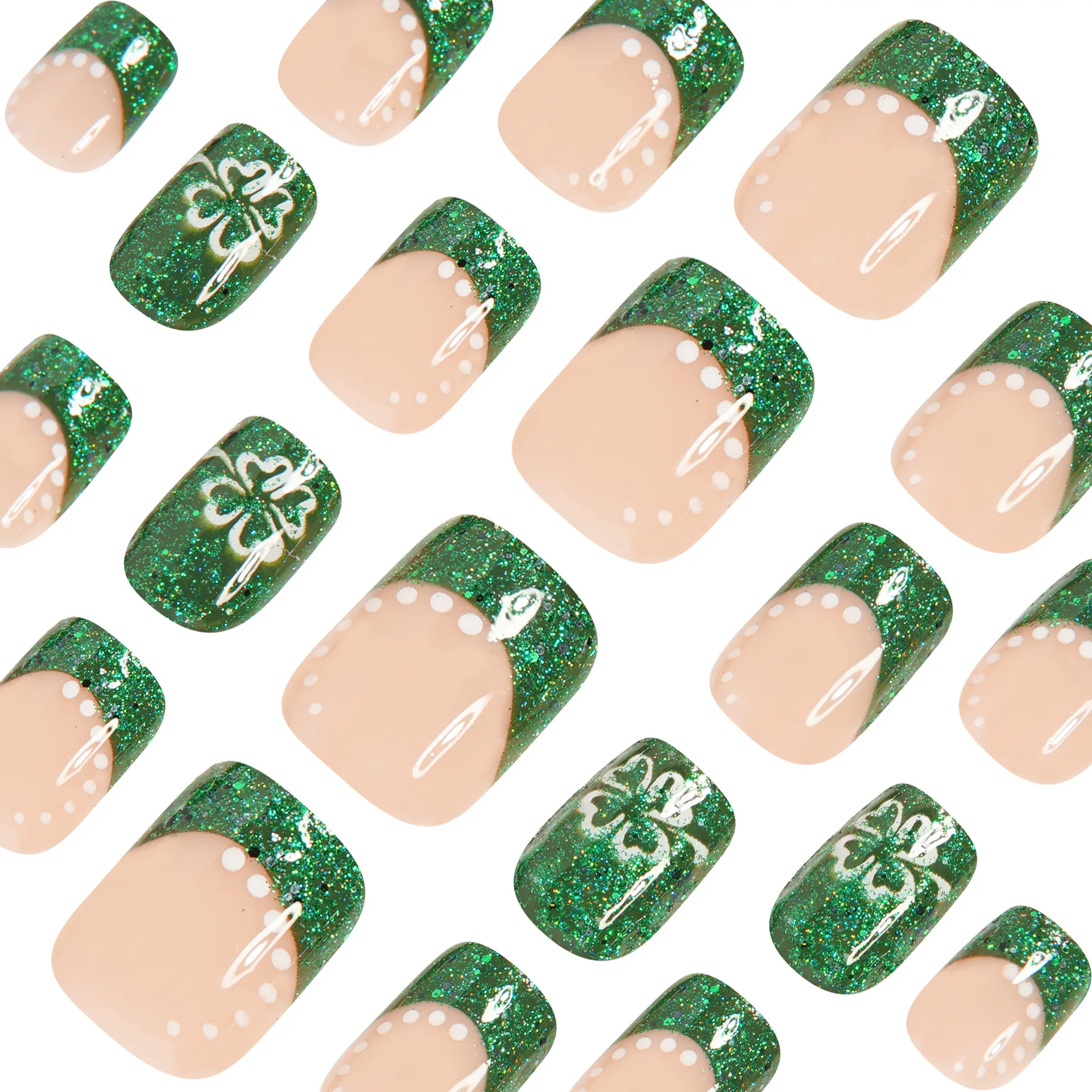 เล็บปลอมแบบสั้น-กลางสำหรับผู้หญิงและเด็กผู้หญิง สีเขียวขาว ลายใบโคลเวอร์สี่แฉก ประดับกลิตเตอร์ สำหรับวันเซนต์แพทริก ชุดเล็บปลอมแบบกดติด