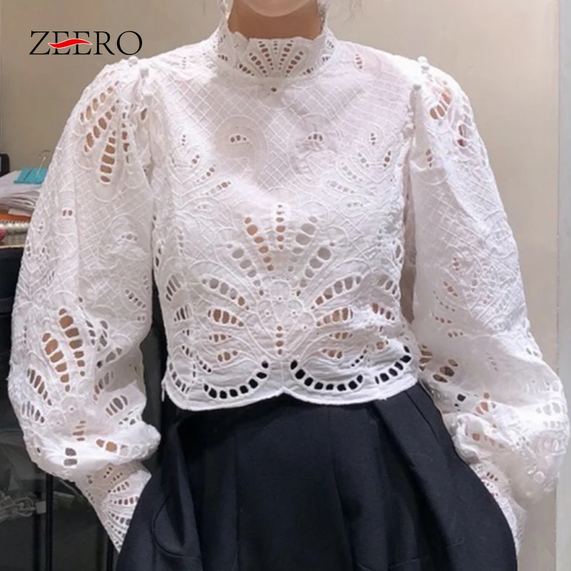 

Spring Women Embroidery Hollow Out Sexy White Blouses Female Lantern Sleeve Stand-up Collar Back Zipper Blouse Short Shirts Tops