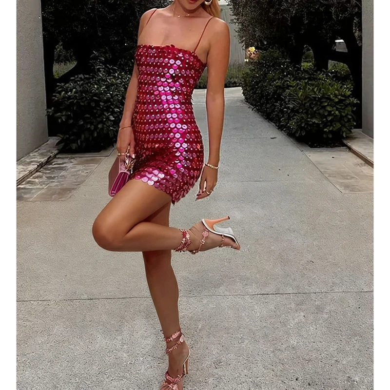 Vestido Mini Bodycon Feminino Y2K com Lantejoulas Brilhantes, Sem Costas, Alça Fina Ajustável, para Festas e Baladas