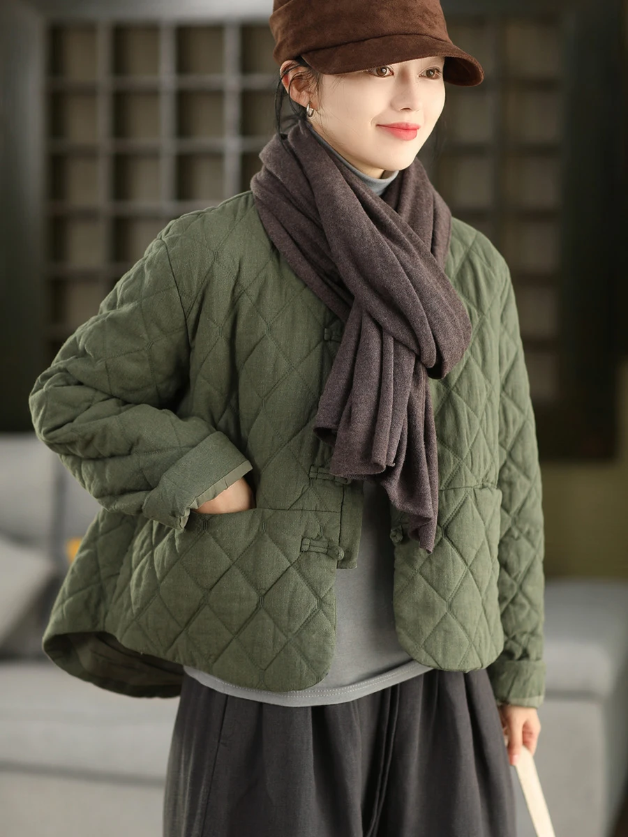 

Утепленная зимняя женская куртка в стиле ретро с ромбовидным узором, на хлопковой подкладке, с воротником-стойкой и художественной отделкой пуговицами