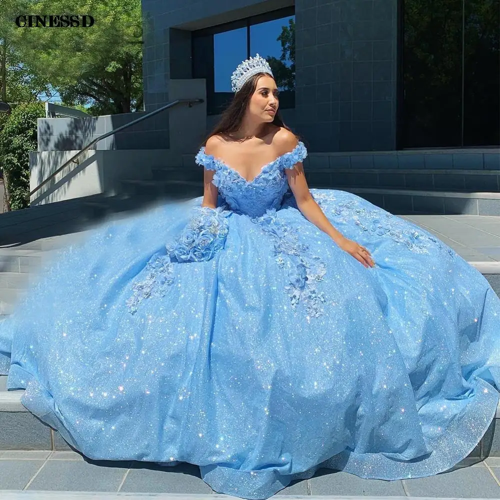 Vestido de quinceañera azul cielo, corsé, vestido de baile con cuentas 3D, flores, Formal, graduación, cumpleaños, princesa dulce, 15, 16