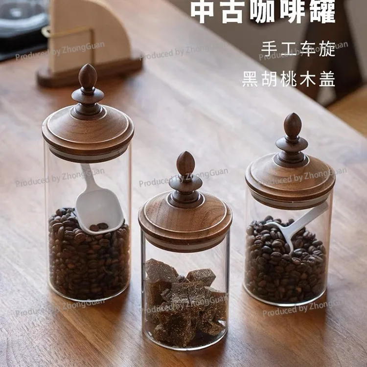 Black Walnut Cover Japanese Retro Coffee Bean Storage Tank Wooden Cover Glass Storage Tank Sealed Storage Tank Wooden Cover
