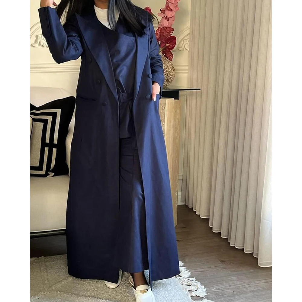 Casual Women\'s Blazer 1 Piece Blue Double Breasted Peak Lapel Long Jacket Elegant Muslim Bespoke Office Female Clothing Outfits