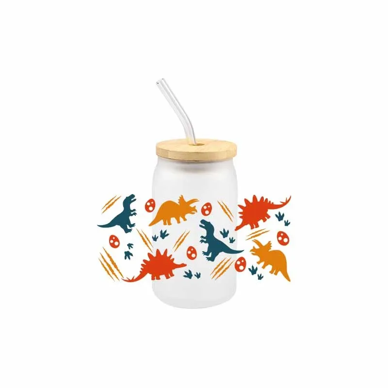 UV DTF Dinosaur 3D Transfer Sticker Cartoon Cute Wraps Cup Libbey Glass Cup Sticker 16 OZ UV DTF