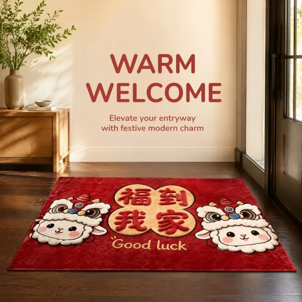 Cartoon Zodiac Goat Floor Mat Anti Slip Quick Dry Year of The Sheep Mat Blessing Words Lucky 2027 Lamb Door Mat