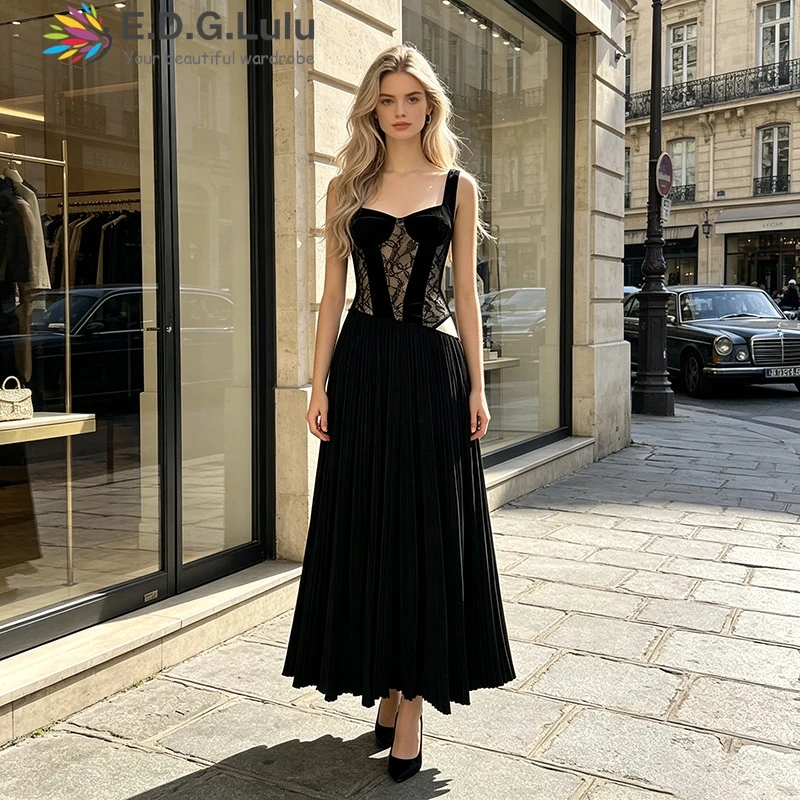 EDGLuLu Strapless Hollow Embroidery Lace Splicing Velvet Dresses For Women Sexy Backless Elegant Party Long Dress 0708