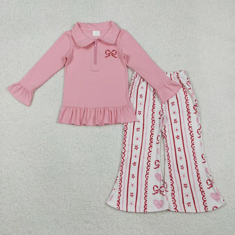 

New Arrive Bow Embroidery Zipper Pullover Top Heart Flowers Bell Pants Girls Valentine's Day Clothes Set
