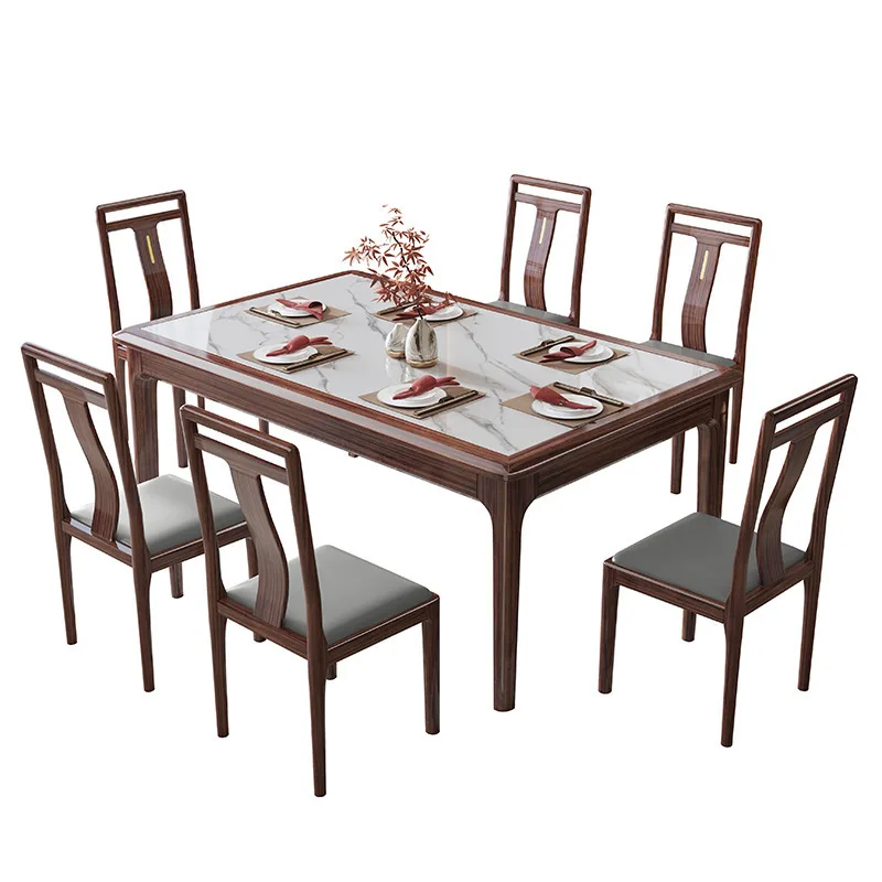 

New Chinese rock slab solid wood dining table rectangular modern restaurant household ebony dining table and chair combination