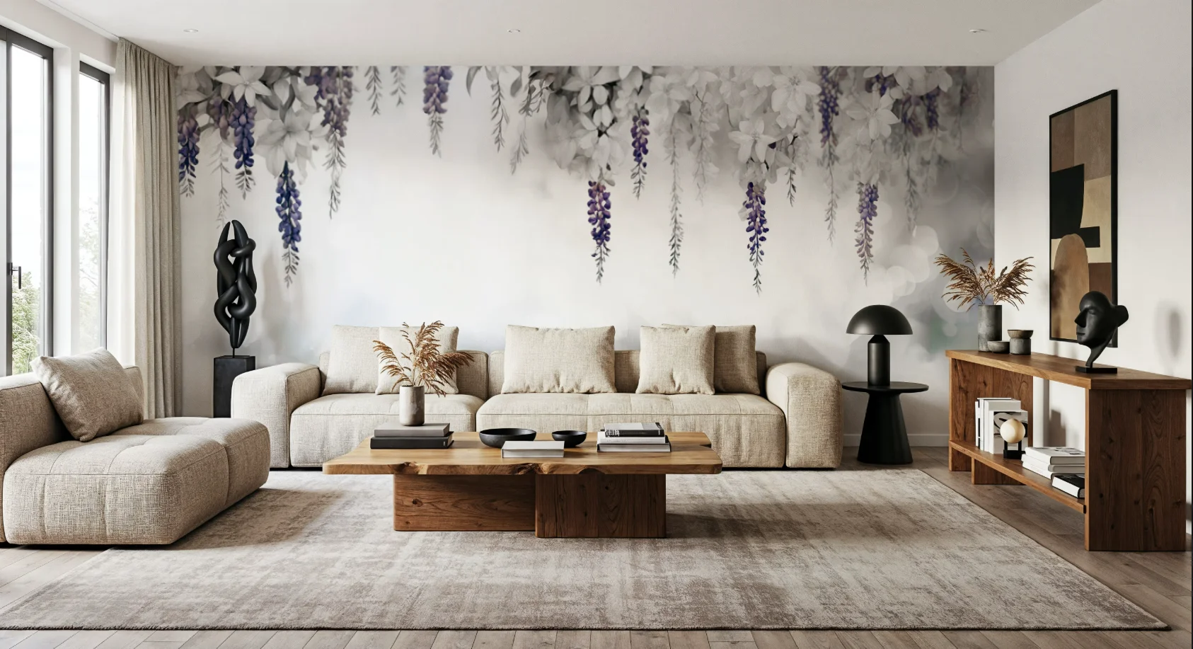 Customized mural hand-painted wisteria branches, floral fluff wallpaper, living room bedroom headboard background 3d wallpaper