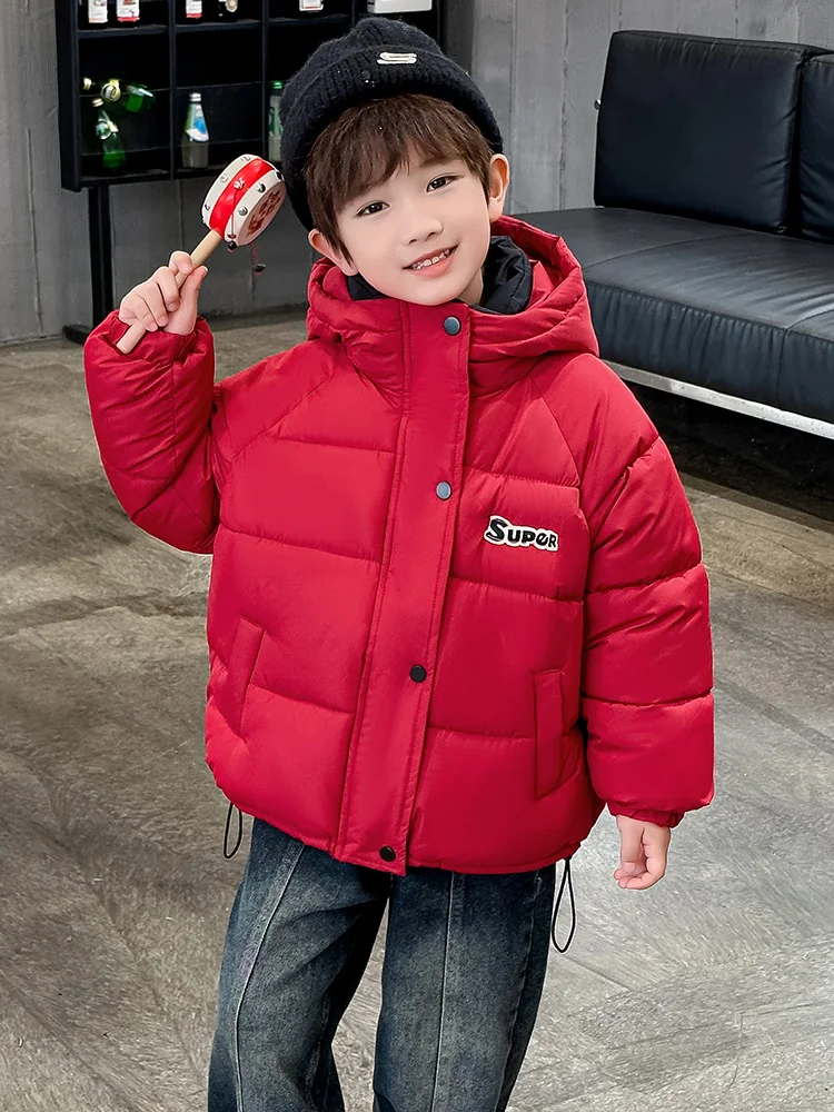 

Красная утепленная хлопковая куртка для мальчиков, детское зимнее пальто, праздничный новогодний наряд, модная молодежная одежда для малышей на Новый год