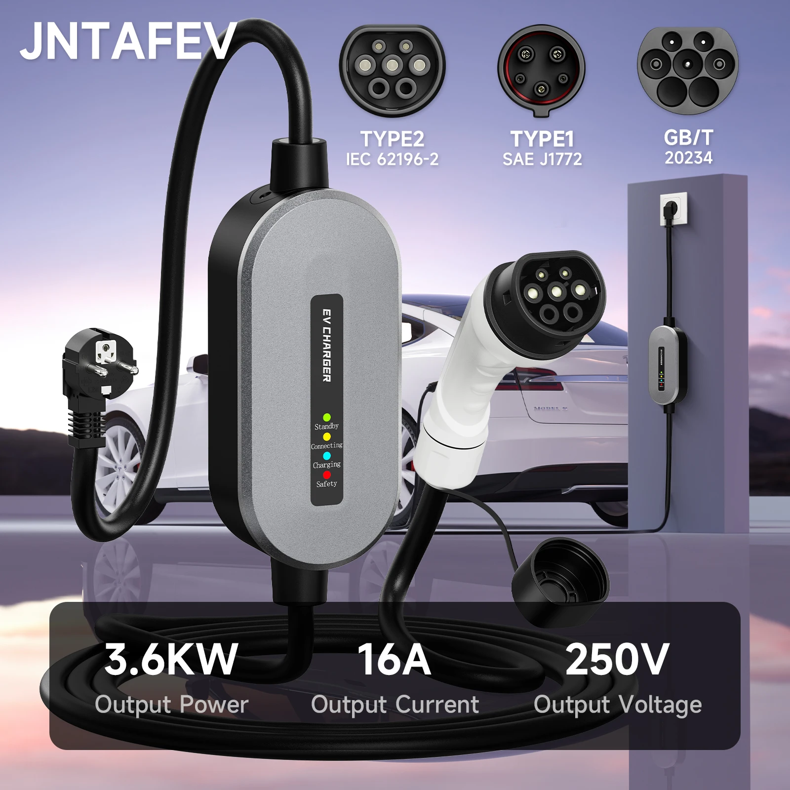 

JNTAFEV 3.6KW Portable EV Charger 16A Type2 Fast Charge Charger Wallbox EU Plug Type1/GB/T EVSE for Home Electric Car Charger