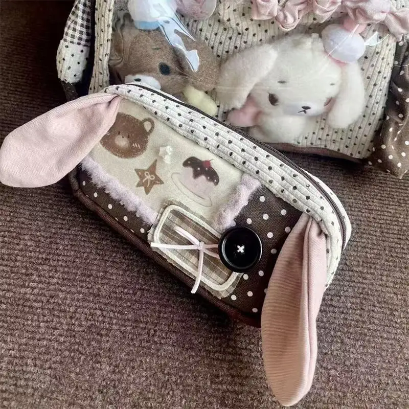 Cute Bunny Ear Polka Dot Pencil Case With Large Capacity And Smooth Zipper For School Students Daily Stationery Organizer