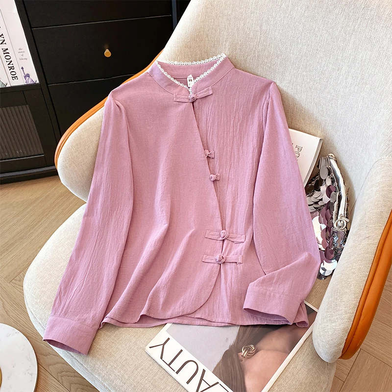 면 블라우스 여성 긴팔 루즈 셔츠 오피스룩 캐주얼 탑 중국풍 빈티지 버클 탑