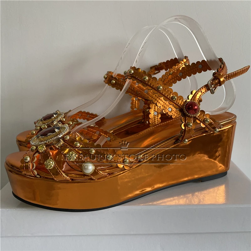 Luxury Diamond Rhinestone Buckle Sandals Women High Platform Wedges Ankle Strap Rivet Embellished Party Shoes Summer