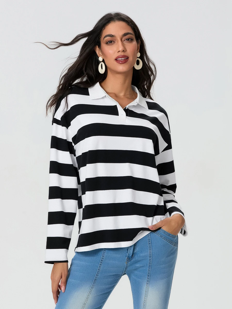 New Fashion Women's Fall Stripe Print Pullover Lapel Long Sleeve Loose Sweatshirt Casual Tops