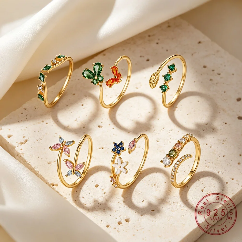 925 Sterling Silver Colorful Cubic Zirconia Butterfly Leaf Floral Stackable Finger Ring for Women Dainty Fine Jewelry Gift
