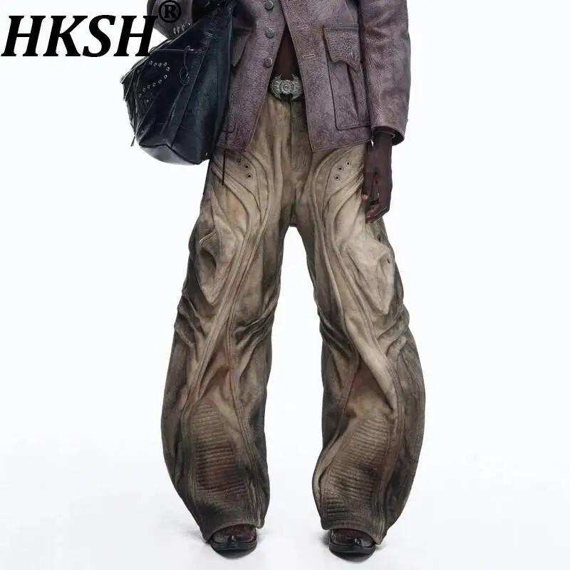 HKSH Autumn Winter New Men Jeans Trend Waste Land 3D Structure Cotton Villus Distressed Patchwork Hole Pleated Ins Pants HK16709