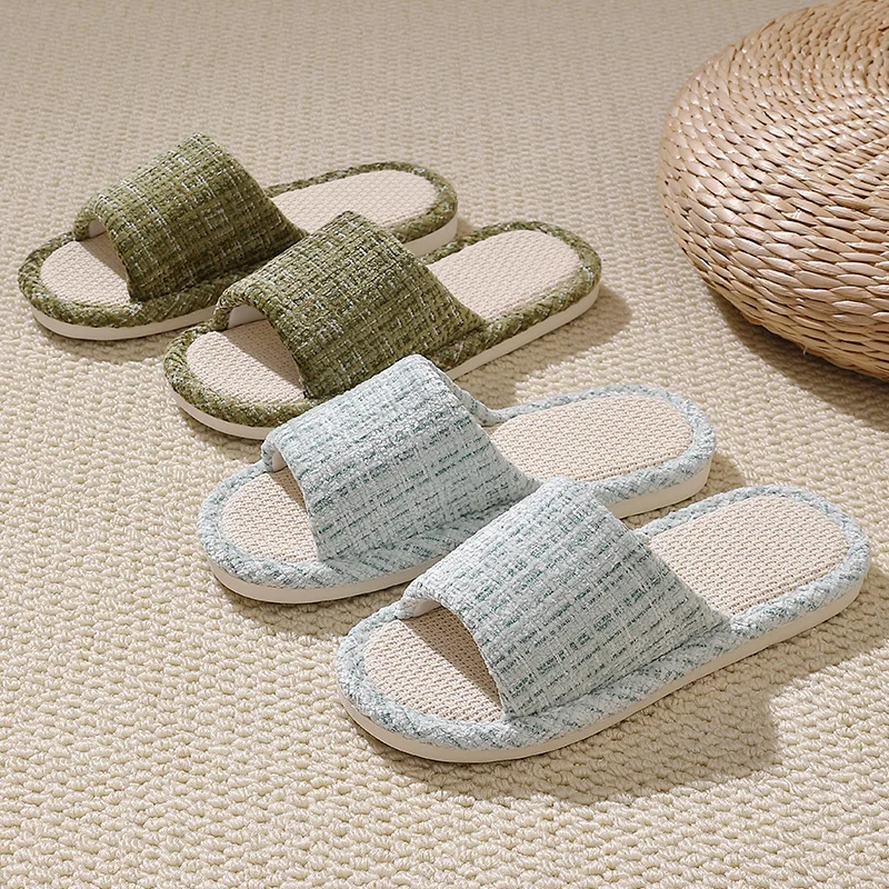 Breathable Flax Linen Slippers Women Men Knitted Tweed Open Toe Slides Non-Slip Thick Soft Sole Sweat Absorbing Home Floor Shoes
