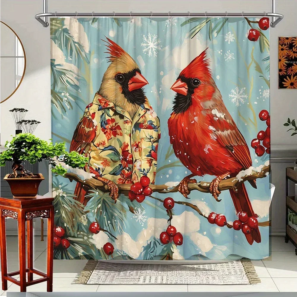 ~O~1pc Christmas Shower Curtain - Winter Snowy Cardinals on Berry Branch with Snowflakes Design, Polyester Fabric Bathroom Decor