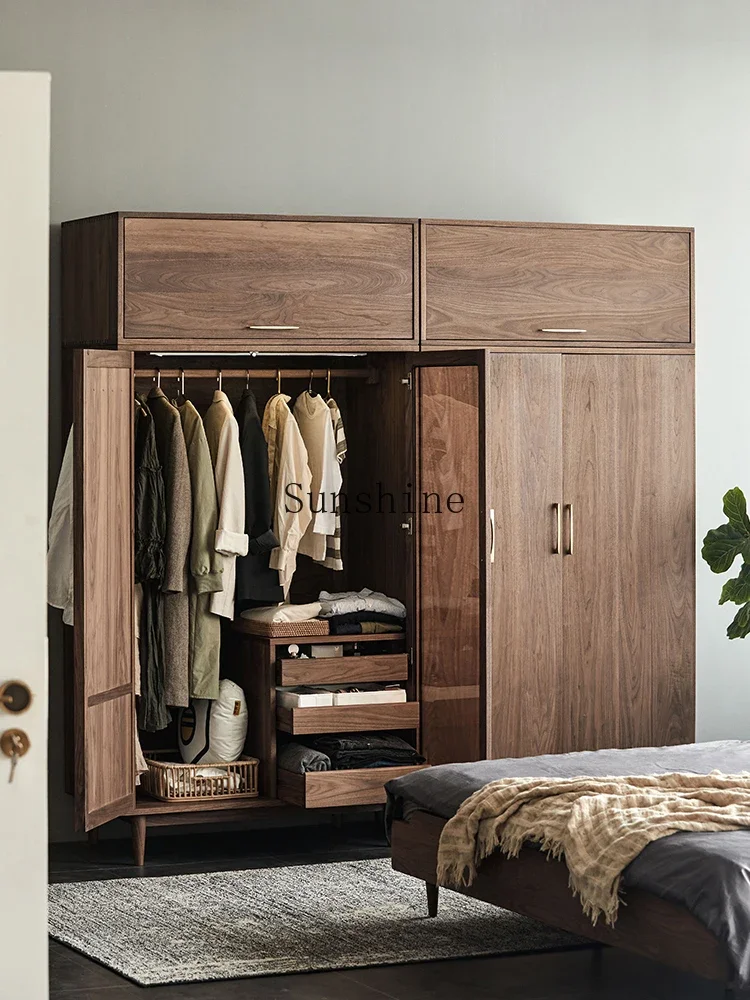 

Solid wood household bedroom storage cabinet Japanese black walnut wood wardrobe FT