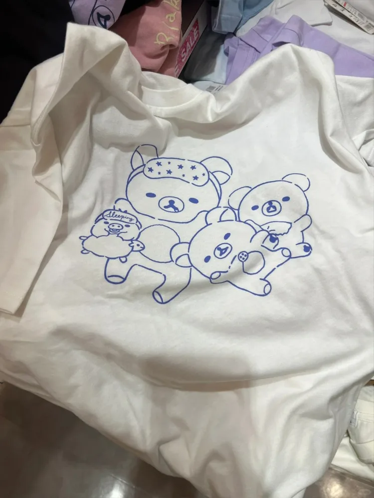 Hand Drawn Cartoon Cute Bear Printed T Shirts Pure Cotton White Tees Japanese Kawaii Anime Girls Lovely Short Sleeve Tees Casual