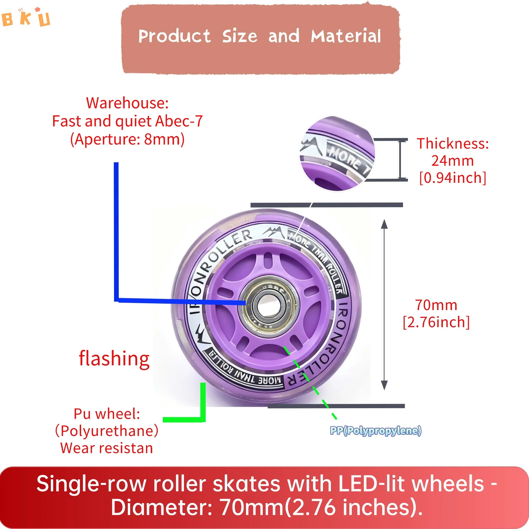 عجلات تزلج دوارة من البولي يوريثان مضيئة بإضاءة LED للأطفال، فلاش صف واحد، عجلات متوهجة للدراجات البخارية، دراجات الأطفال، 70 مم، 4 قطع