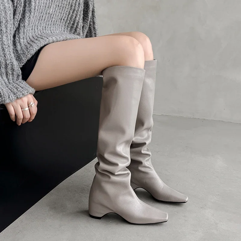 2026 Mode Winter Vrouwen Knie Hoge Laarzen Koe Lederen Hoge Hak Vrouw Schoenen Puntschoen Warme Lange Laarzen Dame Jurk 34-40