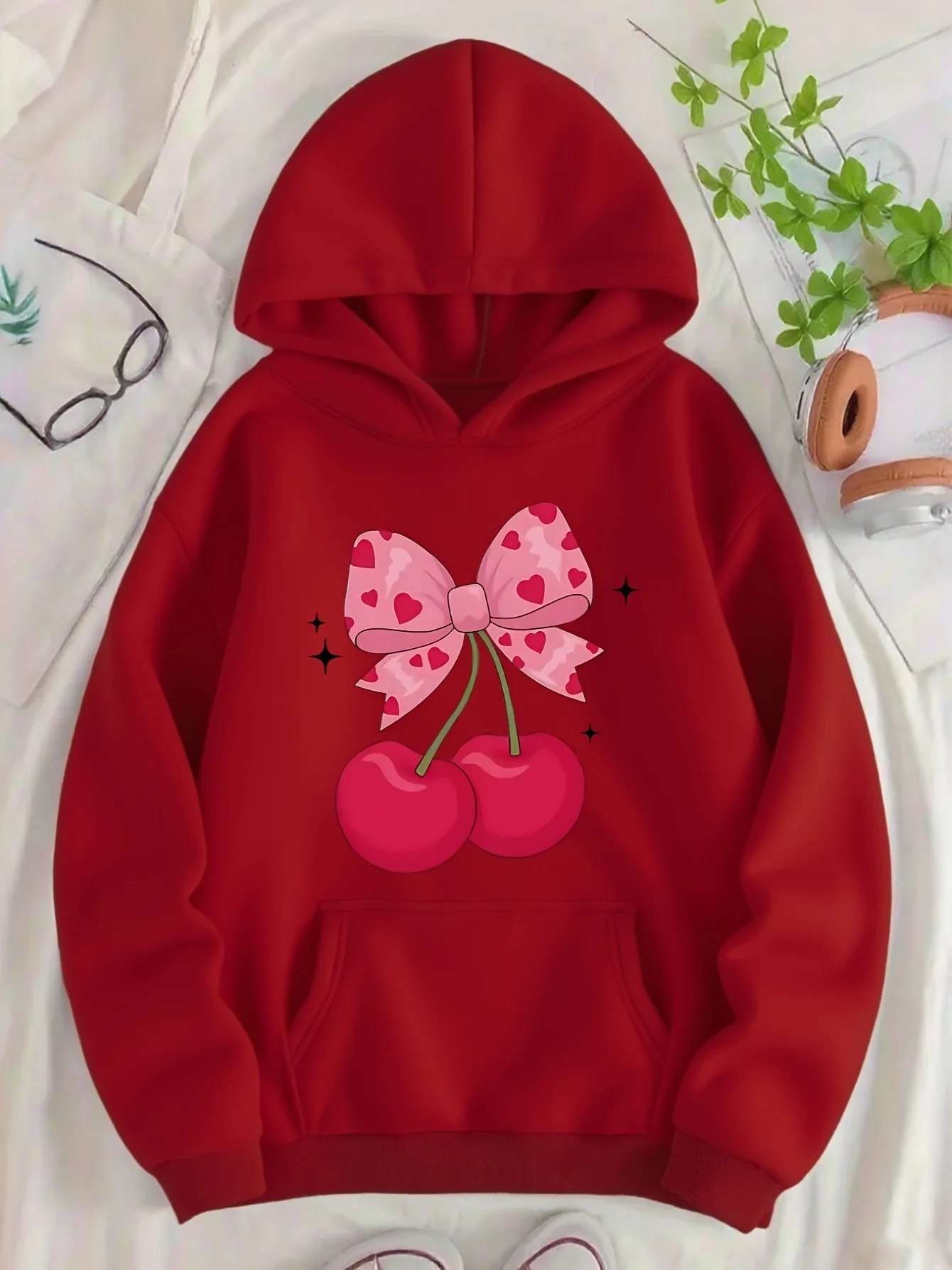 2025 outono e inverno feminino cereja impressão hoodie confortável casual pulôver padrão moda retro personalidade estética y2k