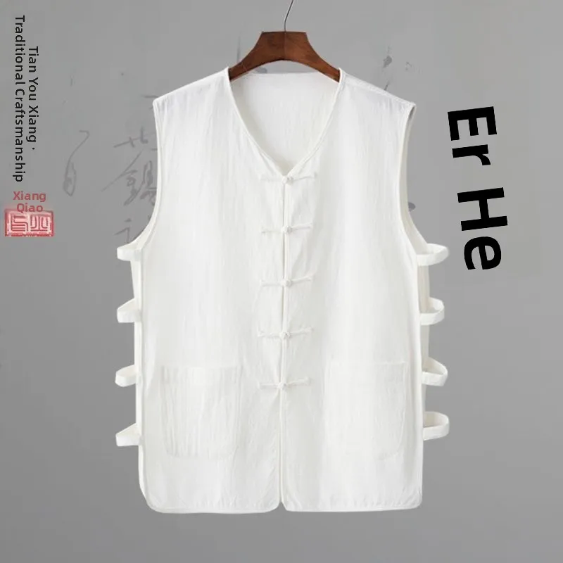 Retro Chinese Style Men's Vest with Button Design Traditional Tang Costume Performance Shirt Ancient Shoulder Pad Cotton Line...