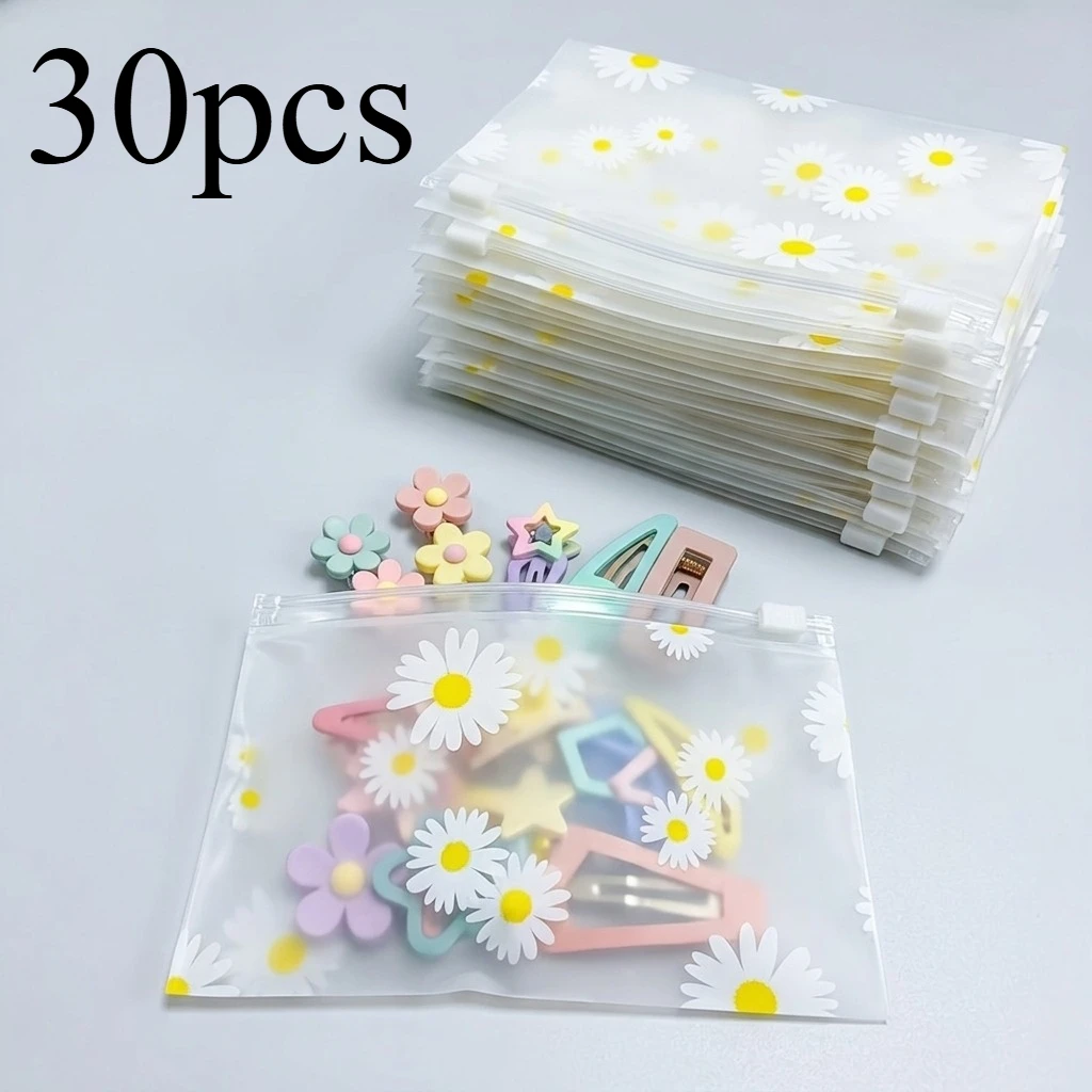 A Gift for Her/Him, 30 Daisy Pattern Frosted Plastic Zipper Bags,Reusable Transparent Storage Bags,Suitable for Jewelry Storage