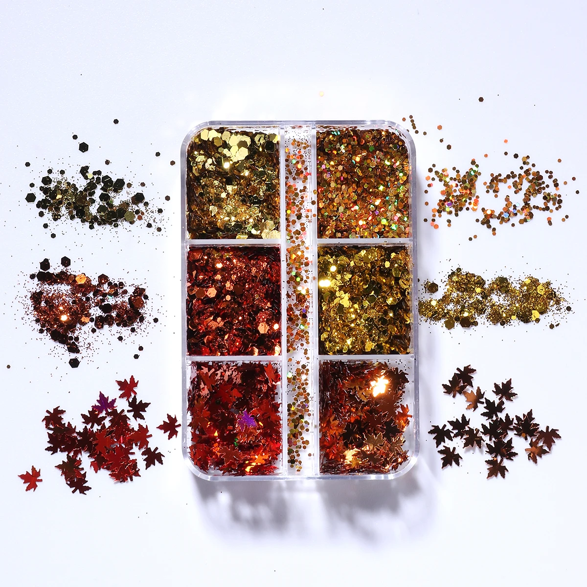 6칸 골든 가을 네일 글리터 슬라이스 단풍잎 육각형 모양 장식 스팽글 DIY 가을 겨울 반짝이는 매니큐어 액세서리