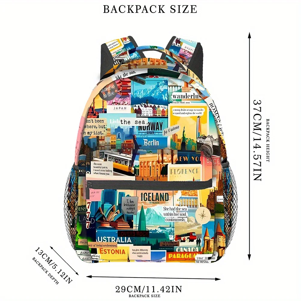 Large Capacity Backpack World Travel Print Backpack with NYC, London, Tokyo Designs - Lightweight Daypack for Travel