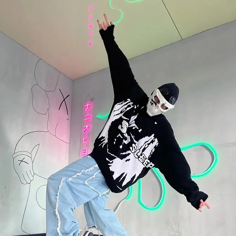 Sweter Rajut Tengkorak Gaya Jalanan Harajuku Retro dengan Hoodie Katun Pria dan Wanita Gambar Cetak Huruf untuk Fashion Musim Gugur