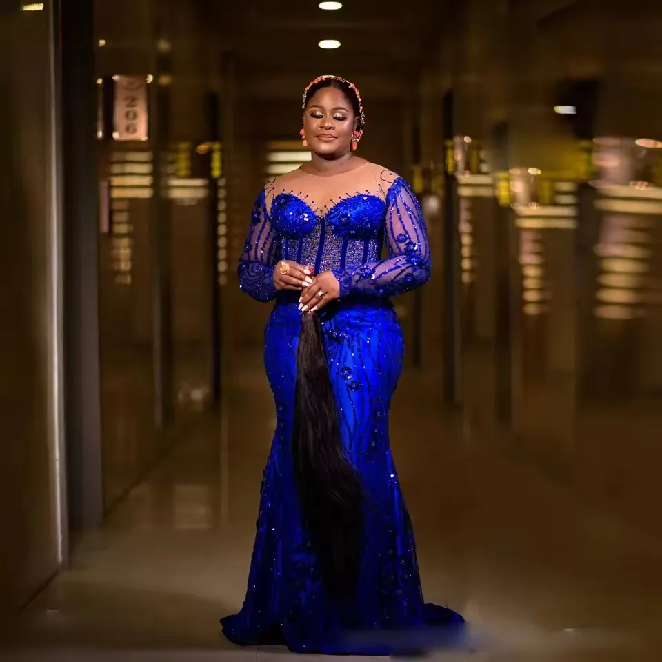 カスタマイズされたロイヤルブルーのイブニングドレスゴージャスなビーズスパンコール女性フォーマルウェディングパーティードレスマーメイド長袖プラスサイズ